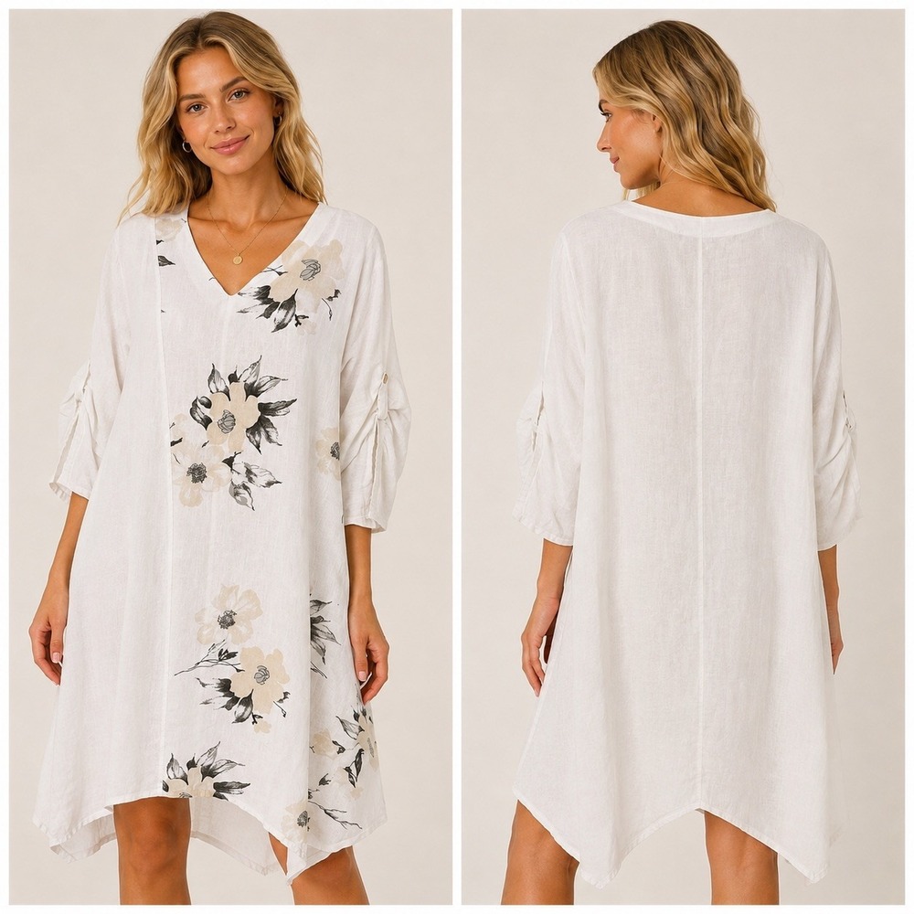 Saga Italy Womens White Linen Floral Tunic Top Roll Tab Sleeve Handkerchief Hem